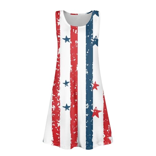 Girls Sleeveless Patriotic Summer Dress 4th of July Casual American Flag A-Line Dress with Pockets 3-14 Years4