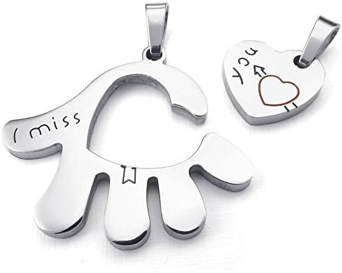 2pcs Mens Womens Couples Stainless Steel I miss you Palm Heart Cupid's Arrow Pendant Love Necklace Set, 18 and 22 inch Chain, Valentine's Gift, Silver