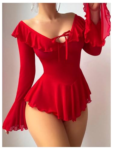 Image of OYOANGLE Women's 2 Piece Off Shoulder Long Sleeve Ruffle Mesh Sheer Nightgowns with Thongs Babydoll Lingerie Set