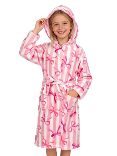 Doctor Unicorn Soft Hooded Rainbow Bathrobe Sleepwear for Girls (Pink Stripe Bow, 6 Years)