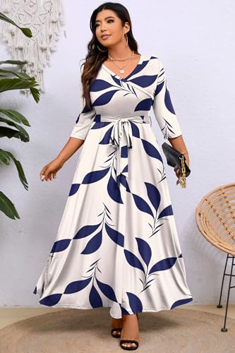 Image of Runwind Plus Size Maxi Dresses - 3 /4 Sleeve V Neck Long Dress for Women (XL-6XL)