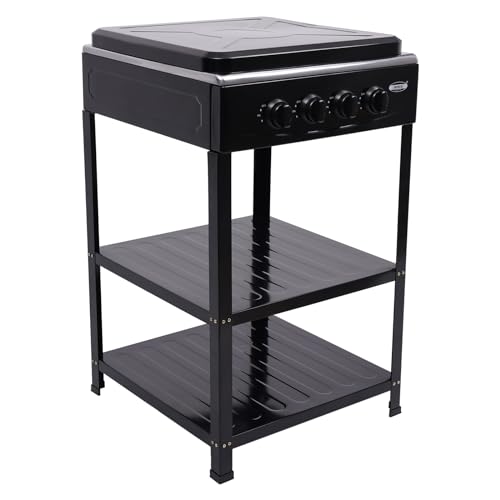 4 Burner Propane Gas Stove, Freestanding Rectangular Gas Cooktop, Portable Manual Ignition Gas Range, Windshield, and Storage Shelves for Outdoor Cooking, Camping, RV Travel (Black, 4 Burner)