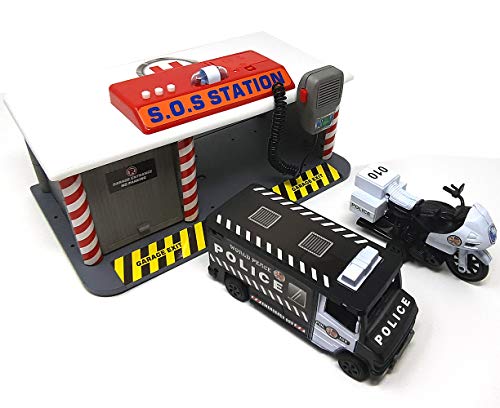 Brigamo - Estación de policía con cuerno de Martin, Sirena y Miko, coche de policía y moto de policía