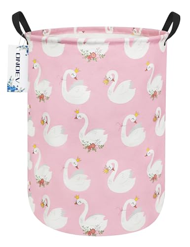 Image of ONOEV Round waterproof laundry basket,foldable storage basket,laundry Hampers with handle,gift basket,suitable for children's room and toy storage (Pink Swan)