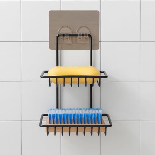 Image of 2-Tier Wall Mounted Soap Holder for Bathroom | Self Adhesive Soap Dish Rack | Rustproof Metal Shower Organizer | Strong Sticker Mount, No Drill, Space Saving Storage Shelf