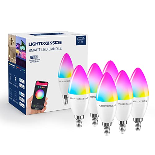 Smart Candelabra LED Bulbs, 60 Watt Equivalent, 6W 500lm, E12 LED Bulbs Work with Alexa and Google Assistant, 2700-6500K+RGB, APP Control, No Hub Required, Timer, Group Control, 2.4GHz WiFi Only, 6PCS Smart Candelabra LED Bulbs, 60 Watt Equivalent, 6W 500lm, E12 LED Bulbs Work with Alexa and Google Assistant, 2700-6500K+RGB, APP Control, No Hub Required, Timer, Group Control, 2.4GHz WiFi Only, 6PCS