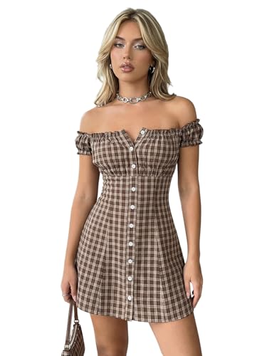 winkbay Women's Plaid Off The Shoulder Dress Y2k Button Down A Line Going Out Gingham Mini Dresses Coffee Brown Medium