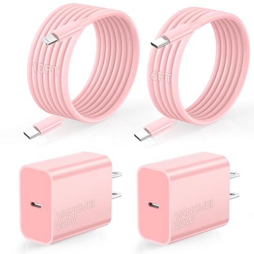VANOVEI Compatible with iPhone Charger Fast Charging,2Pack 20W USB C Fast Charger Block with 6FT USB C Cable&10FT USB C to Liightning Cable Compatible with Phone 16/15/14/13/12 Pro/Pro Max,Pink