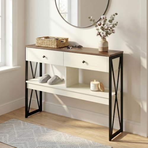 Manora Mesa de Consola Industrial, Mesa de Entrada con 2 Cajones y estantes de Almacenamiento, Mueble de Entrada para Salón, Pasillo y Recibidor, 100 x 24 x 76cm, Blanco y Marrón