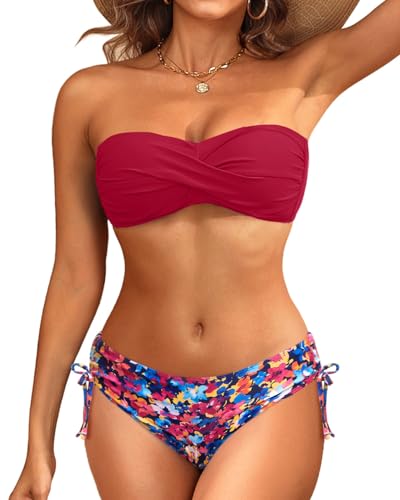 Image of Tempt Me Women Strapless Bandeau Bikini Set Twist Front Two Piece Swimsuit | Detachable Shoulder Straps, Molded Cup Design, Anti-slip Strips, Side Tie Bikini Bottom, Low Rise Fit