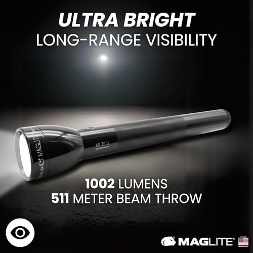 MagLite ML300L 4D LED Flashlight – 1002 Lumens, Long Runtime, Adjustable Beam, Water-Resistant, Aluminum Body – Black