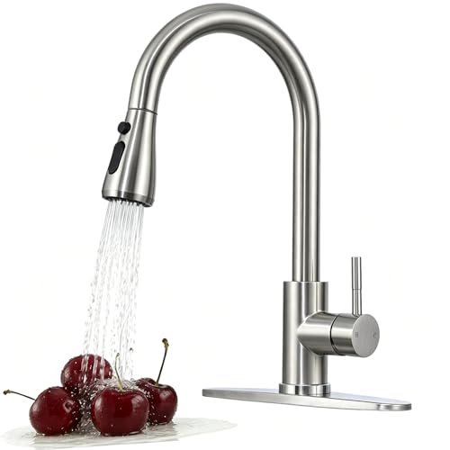 VALISY Kitchen Faucet with Pull Down Sprayer, Modern Single Handle Pull Out Brushed Nickel Kitchen Sink Faucet, High-Arc Pullout Faucets for RV Laundry Utility Sinks with Deck Plate, VALQYT061L-D