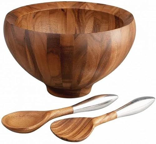 nambe Yaro Acacia Wood Salad Bowl with 2 Salad Servers | Made of Acacia wood and Nambe Alloy | Large Deep Wooden Bowls | Acacia Wood Salad Bowl Set | Designed by Sean O’hara