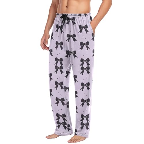 Men’s Black Bows Pajama Pants with Pockets, Comfortable Lounge Sleep Bottoms#5534