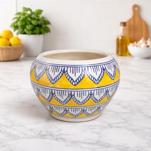 Image of Niyara Hand-Painted Ceramic Flower Pot | Blue & Yellow Decorative Bowl Planter | Indoor Outdoor Plant Pot for Home, Offic e & Balcony Decor (Yellow & White)