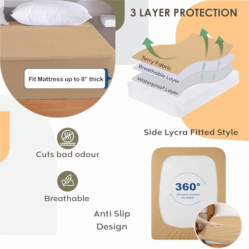 Image of Ayka 100% Waterproof Cotton Terry Mattress Protector Double Size Breathable Hypoallergenic Noiseless Ultra Soft Fitted Bed Protector 72x48 inch Mattress Cover /Bed Cover (Beige, Double (72 * 48 inch))