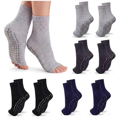 Janmercy 8 Pairs Non-slip Toeless Yoga Pilates Socks with Grips Cotton Flip Flop Open Toe for Barre Pedicure(Classic)