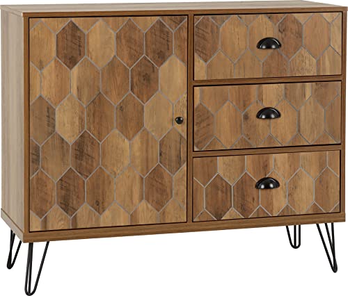 Seconique Ottawa 1 Door 3 Drawer Sideboard Aparador de 1 Puerta y 3 cajones, Madera de ingeniería, Efecto Roble Medio/Negro, W 105cm x D 39.5cm x H 87.5cm