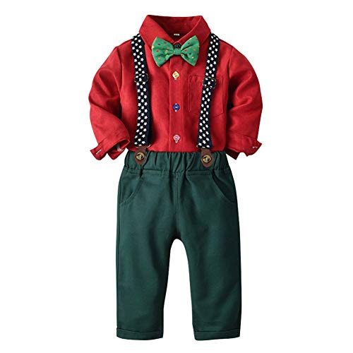 Toddler Baby Boys 1st Christmas Outfit Autumn Long Sleeve Bowtie Dress Shirt Suspenders Long Pants Clothes Set Kids Formal Gentlemen Suits Xmas Holiday Wedding Tuxedo Red + Dark Green 6-12 Months