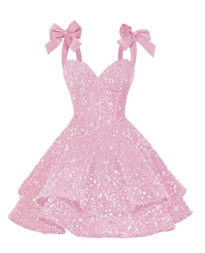 YOFF Sparkly Sequin Bows Homecoming Dresses 2026 Short Spaghetti Straps Tiered Satin Sweet 16 Prom Cocktail Dress YO2203