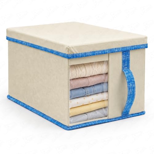 Image of Lukzer 1 PC Wardrobe Organizer for Clothes, 20L Foldable Non-Woven Fabric Storage Box with Lid, Clear Window & Front /Back Handles | Almirah Cupboard Organizer for Jeans, Sweaters & Sarees - Beige /Blue