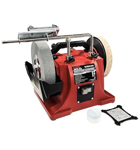 LUMBER JACK Whetstone Wet Stone Sharpener System 200mm with Leather Honing Wheel, Electric Grinding & Polishing Tool 180W