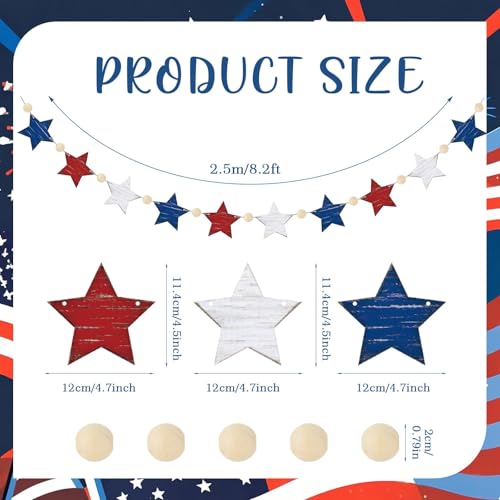 Image of 4th of July Star Mantle Garland Wooden Rustic Star Banner Vintage Independence Day Beads Garland Farmhouse 4th of July Decorations Hanging Celebration Decoration for Home Party Supplies
