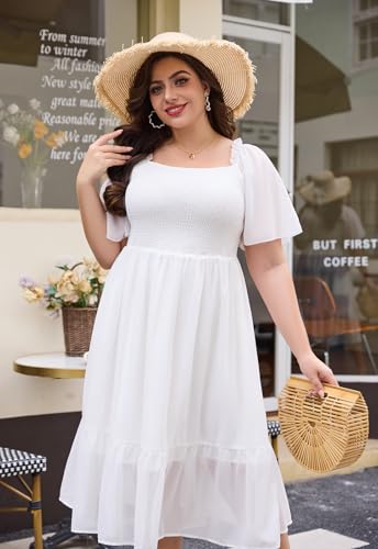 Image of Keluummi Plus Size Wedding Guest Maxi Dresses for Curvy Women, Summer Casual Boho Floral Smocked Empire Waist A Line Sundress(16 Plus, 07 - White)