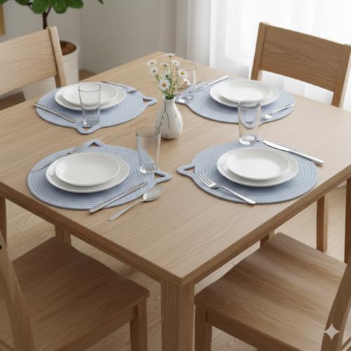 Image of Cotton Rope Placemats, Round Red with White Border, Set of 4, Heat Resistant Table Mats (Silver)