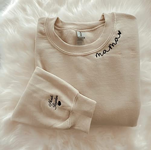 NAZENTI Custom Mama Embroidered Sweatshirt With Kids Names Sleeve-New Mom Personalized, Mama Sweatshirt Women Embroidery Mom Life, Gifts For Mothers Day Birthday Christmas Mom Mama Mommy - Thumbnail 2