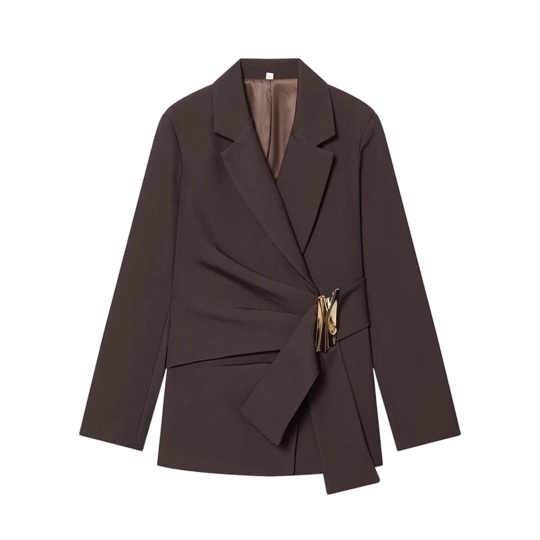 Womens Solid Slim Fit Blazer Buckle-Decorated Long Sleeve Notch Lapel Business Casual Suit Coat
