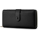 Grand porte monnaie femme portefeuille femme en cuir synthétique lisse et souple, bourse longue avec fermeture à glissière et bouton pression, pochette féminine avec multiples compartiments Noir