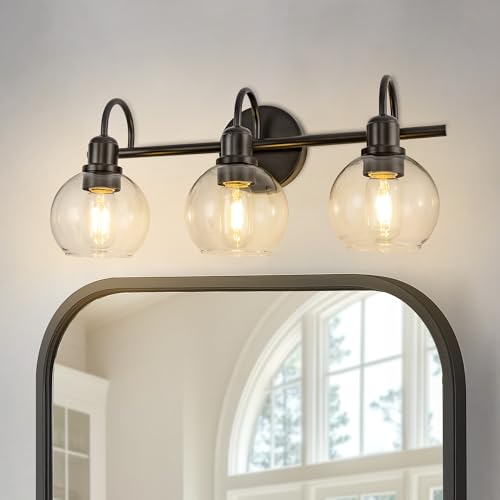 Image of DORESshop 3-Light Black Bathroom Light Fixtures Over Mirror with Clear Globe Glass Shade, Modern Vanity Lights for Bathroom Mirror Living Room Bedroom, ETL Listed
