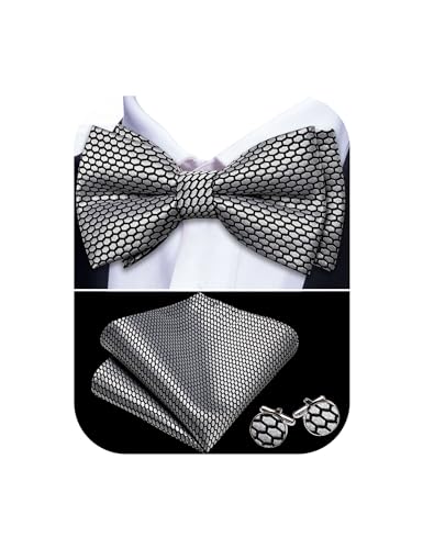 Barry.Wang Grey Black Bow Tie for Men Plaid Silk Pre-Tied Bowtie Pocket Square Cufflinks Set Formal Wedding Party Prom
