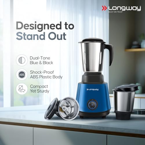 Image of Longway Super Pro Mixer Grinder | 500 Watt Powerful Motor | 3 Jars for Grinding, Mixing, Juicing | 2 Years Warranty (Blue & Black)