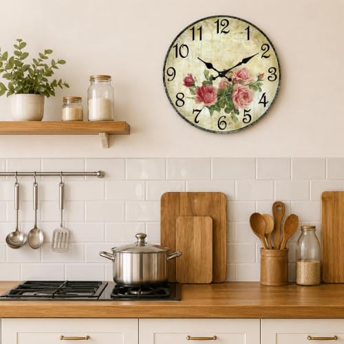 Image of CHYLIN Wall Clock Pink Rose Silent Battery Operated Kitchen Home Decor