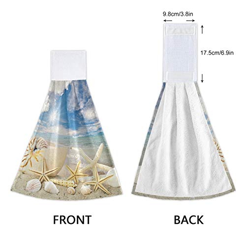 Starfish Conch Seashell Kitchen Hand Towels Wonderful Beach Vacation Hanging Towel Dishcloths With Loop 2Pcs, Soft Super Absorbent Fingertip Towel For Bathroom Washroom Guestroom Hotel 12X17 In #TOP2