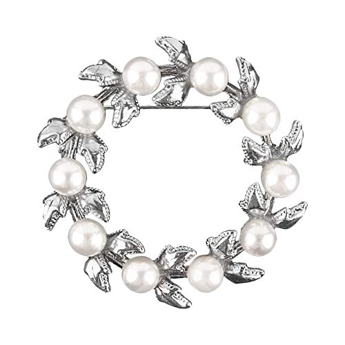 Wreath Pearl Brooch Pins for Dress Sweater Scarf, Wedding Party Decoration Brooch 1 Pack (Silver)