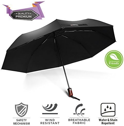 BravRain Travel Compact Umbrella Windproof Unique Safety Folding Umbrella for Women Automatic Foldable Large Umbrella for Men – Auto Open Close Collapsible UV Sun Rain Umbrella Black