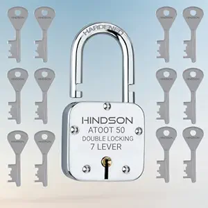 HINDSON Small Lock Round 50mm with 12 Key, Iron Atoot 50 Steel Double Locking, 8 Lever Padlock for Door, Gate, Shutter (Finish Silver)