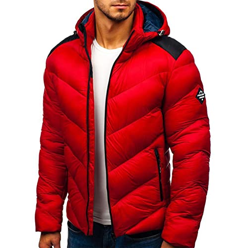 PODOLIXIA Chaqueta de plumón para hombre, chaqueta de invierno con capucha, chaqueta de entretiempo, abrigo abultado con bolsillos y cremallera, parka larga, senderismo, camping, viajes, rojo, L