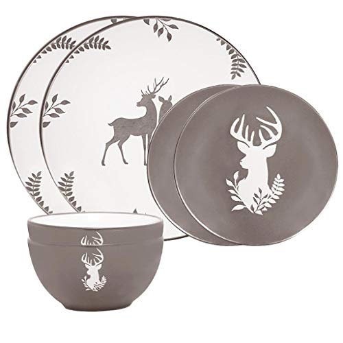 Image of 6 Piece Grey Reindeer Stoneware Dinner Set - Dishwasher Microwave Safe
