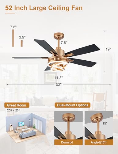 Image of 52 inch Black and Gold Modern Chandelier Fandelier Ceiling Fan with Light