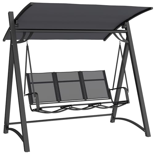 Outsunny Columpio de Jardín de 3 Plazas, Balancín de Jardín Exterior con Techo Ajustable, UPF50+, Asiento Transpirable y Marco de Metal, para Patio, Terraza, Carga 360 kg, 188x130x183 cm, Gris