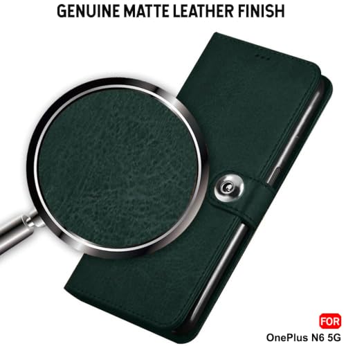 Image of TheGiftKart Genuine Leather Finish Flip Back Cover Case for OnePlus N6 5G | Inbuilt Pockets & Stand | Wallet Style | Designer Button | Flip Back Cover Case for OnePlus N6 5G (Faux Leather, Green)