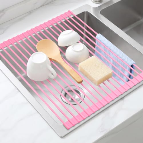 PADGENE Égouttoir Pliable en Silicone, Rack à Vaisselle pour Évier de Cuisine, Matériau Alimentaire, Résistant à la Chaleur, Design de Store pour Un Rangement Compact, Rose-Rect.