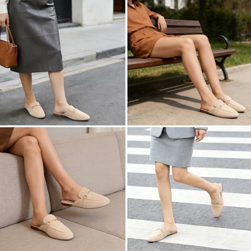Image of MUSSHOE Gold Buckle Mules for Women - Comfortable Memory Foam Loafers, Classy Slip On Flats for Office Business Casual, Dressy Pointed Toe Shoes
