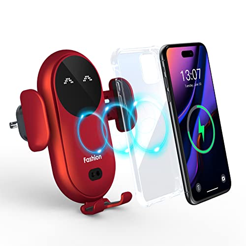 Wireless Car Charger Mount,Infrared Smart Sensor 15W Fast Charging,Kharly Fashion Auto Clamping Phone Holder for Car Vent Phone Mount Wireless Charger for iPhone 14/13/12/11 Pro Max/S22 Ultra（Red）