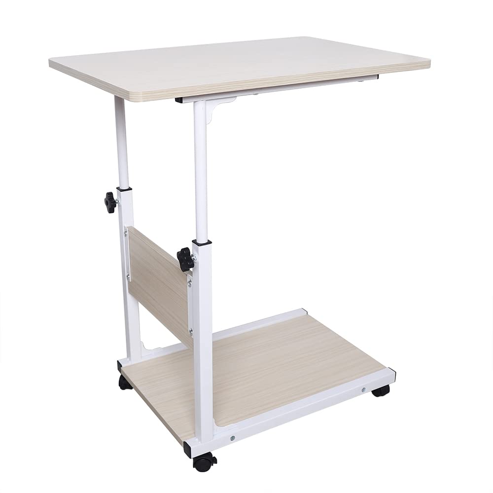 Tavolo per computer portatile, comodino in legno d'acero bianco con ruote, tavolino mobile regolabile in altezza, adatto per soggiorno, studio, ufficio, sala riunioni, aula, camera da letto