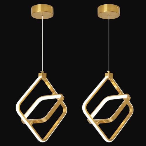 Image of Modern LED Chandelier Gold Rectangular Pendant Light Fixtures 4000K 20W Dimmable Height Adjustable Pendant Lighting for Dining Room Kitchen Island Bedroom Living Room Foyer(2-Pack)